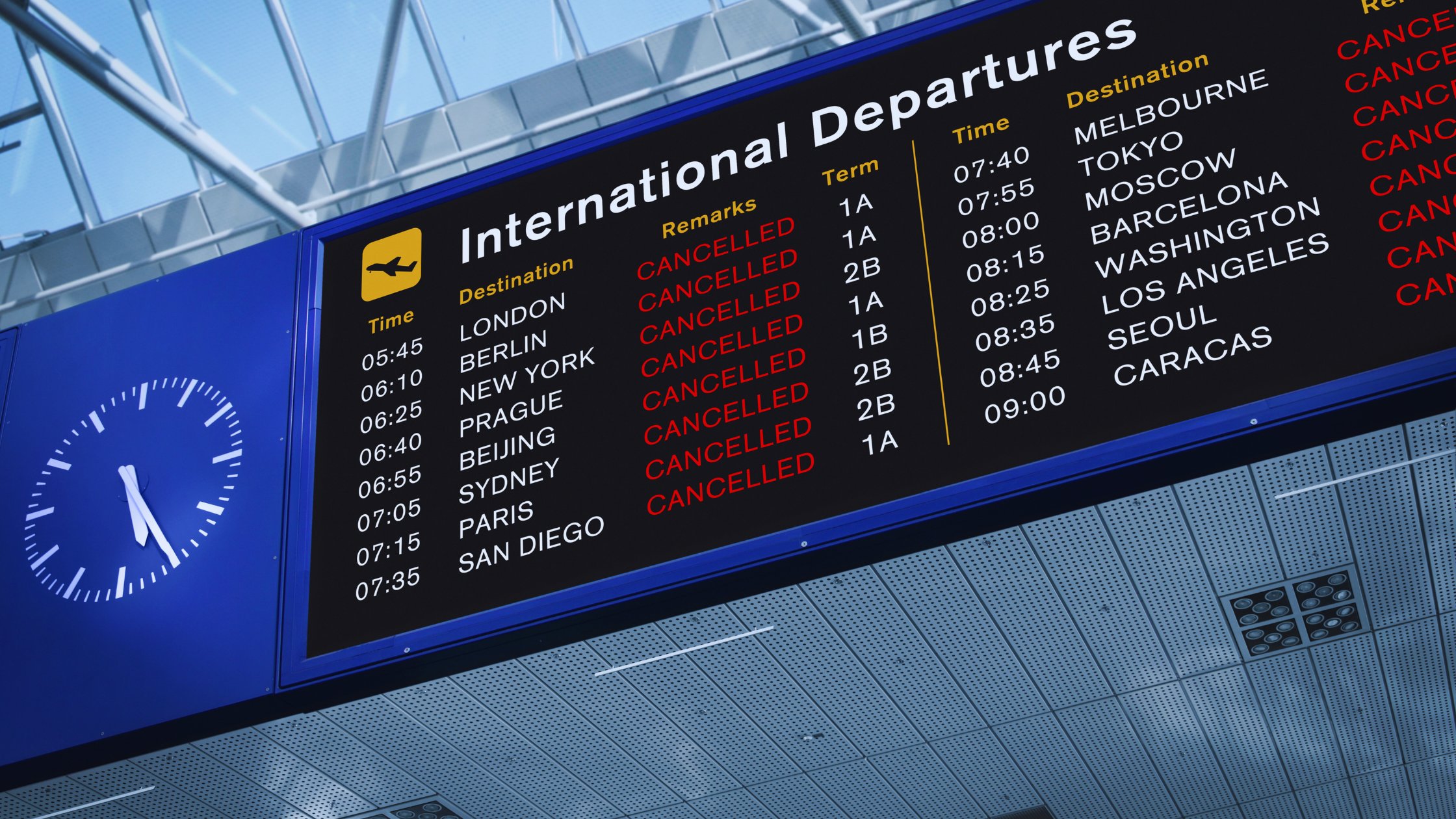Airport showing all flights are delayed